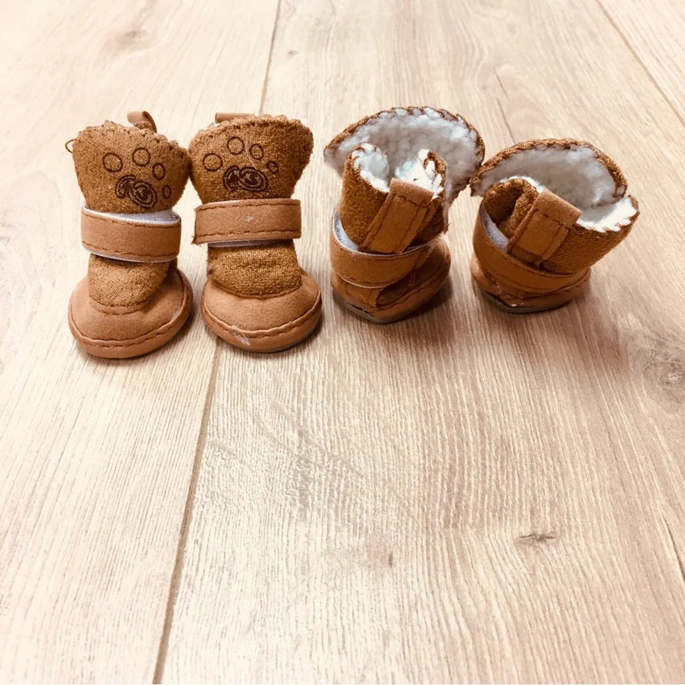 Dog cat pet faux fur Tan Fuzzy Paw Booties Soft Lined Shoes brown winter cozy